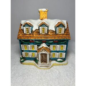 Vintage Kmart Fine Ceramic‎ Hand Painted Christmas Village House Blue Colonial